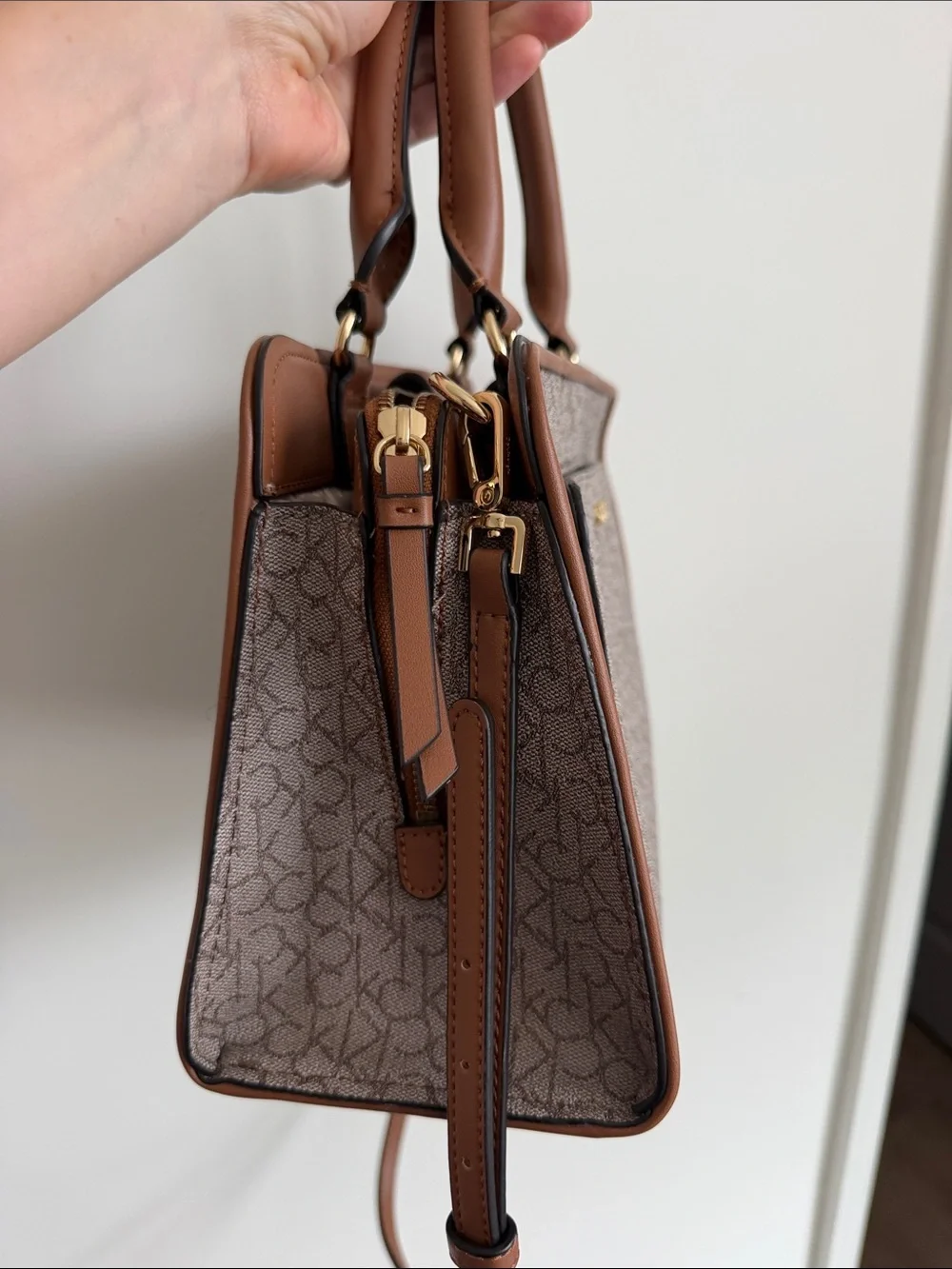 Calvin Klein Tan and Cream Signature Satchel with Shoulder Strap
